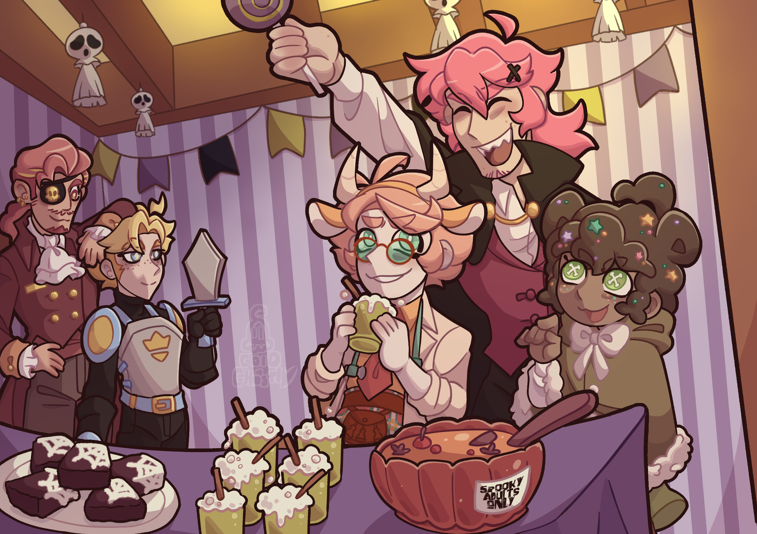 A drawing of Sylvie, Molly, Giovanni, Percy, and Ramsey from Epithet Erased taking food from the buffet at a Halloween party. They are all wearing costumes, Sylvie is dressed as Dr Beefton, Molly is a bear cub, Giovanni is a vampire, Percy is a knight, and Ramsey is dressed as a pirate.